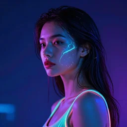 a girl glowing with neon colors, high details, high modernization, high stylization, photo model