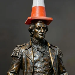 portrait of a majestic dark bronze statue of the duke of wellington, with an large orange traffic cone on his head, the orange traffic cone has a white stripe around it