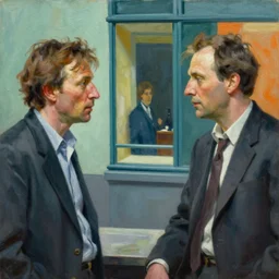 portrait of two men talking highly detailed oil painting by francis bacon, edward hopper, adrian ghenie, glenn brown, soft light, 4 k, teal and orange,