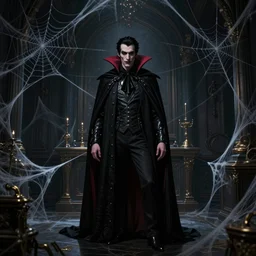 a 4 k cinematic screenshot still portrait of a vampire in a dark liminal space room surrounded by spider webs, deep focus, d & d, fantasy, intricate, elegant, highly detailed, digital painting, art station, concept art, matte, sharp focus, illustration, dark fantasy style art, hearthstone, art by artgerm and greg rutkowski and alphonse mucha