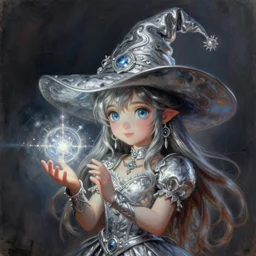a portrait of girl magician, witch hat, silver magic, fantasy, dungeons and dragons, an ultrafine detailed painting, chibi, detailed painting, boris valejo. octopath traveler decal!!!