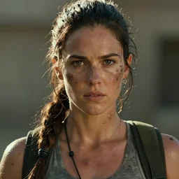 a film still of lara croft as swat cop, her face muddy and sweat, direct sun light, close up potrait, cinematic,