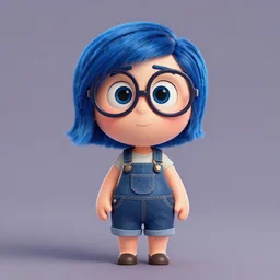 aardman character design, 1 0 year old girl, full body, short blue hair and glasses, no mouth, eyes magnified, denim overhauls, 3 d turntable, global illumination, painted by pixar
