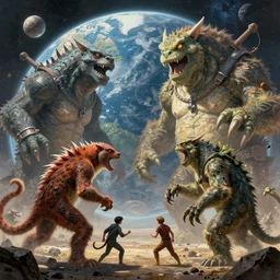 giant space monsters fighting in a giant space monster war. each monster is a giant uncanny version of animals on earth. art by tomasz alen kopera