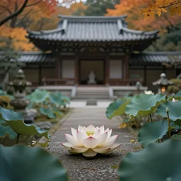 minimalist japanese garden, lotus, temple, statue, p, smoky autumn lightings, smoky atmosphere, japanese garden background, micro details, depth of field, annie leibovitz and moebius and man ray