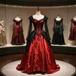 the film still photographed image is of a red and black reception honeymoon gown ensemble from the 1 9 8 0 s. the ensemble is inspired by a wine witch, and is featured in a museum.
