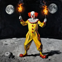 hans gruber, a clown suit, juggling flaming torches, on the moon, by banksy, in a cubist and post - impressionist style
