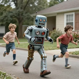 in the style of 1960s, scary robot chasing kids