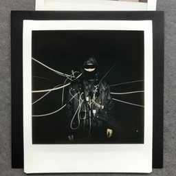 black and white - 3 5 mm polaroid photo - dark photo of a cyberpunk hacker composed of wires, by petros afshar and beeple