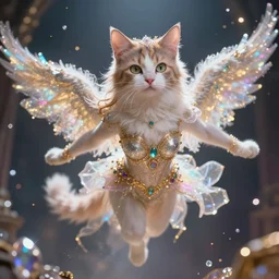 a beautiful female human god of cats character, character is in all its glory, character is centered on the image, character is flying, rim lights, highly detailed professional photo, dynamic lights, particles and crystals are flying, very deep depth of field, trending on artstation, illustration, hyper realistic, vray caustics, super detailed, colorful accents, cinematic shot
