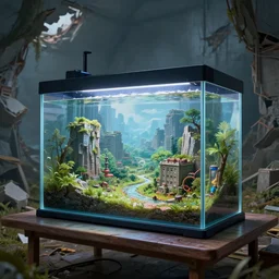 a destroyed city, in the middle a large transparant aquarium on a table with inside a beautiful landscape inside, digital art, fantasy art, octane render, ureal engine, high detail, very realistic, by greg rutkowski. by james gurney