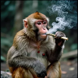 an award winning photography of a stoned monkey smoking a blunt of weed, marijuana, smoke, cinestill 800t,