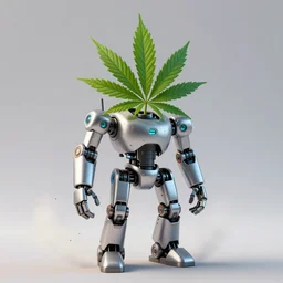 mech robot character with a cannabis leaf for a head, rendered in cinema 4 d cinematic dust particles and mist