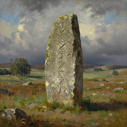 runestone on a field with trees in the distance, runic inscription, ancient writing, megalithic, monument, nature, hills, focused, centered, very detailed, norse, scandinavia, history, oil painting, Albert Bierstadt