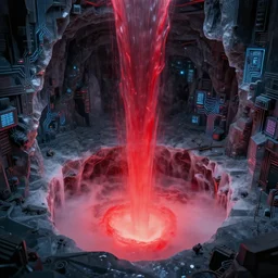 photo of liquid nitrogen with red water - cooling coolant flowing through latent representations of dark ice caverns undergoing centrifugal forces, illuminated by computer circuitry sticking out the walls, high detail, high contrast, low - poly elements, 4 k