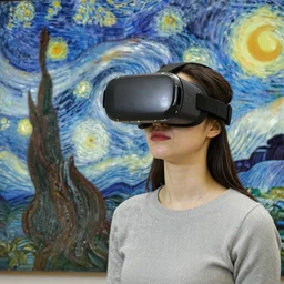 female wearing vr headset in the style of Van Gogh