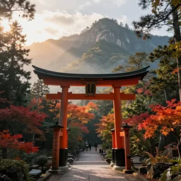 traditional Japanese Torii in a colorful magic moutain with trees ,morning , sunshine ,by Grzegorz Rutkowski, concept art