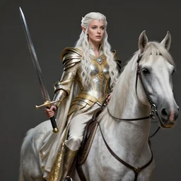 a fantast beauty full body detailed portrait candice swanepoel as galadriel, on a horse, with a curved sword, platinum white wavy long hair, white headband in the front with diamonds, jewelry body armor in golden and silver colors, pointy ears, detailed, epic masterpiece of cinematographic hyperrealism, realistic shaded lighting poster by craig mallismo, artgerm, jeremy