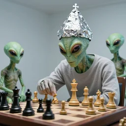 photorealistic 8 k image of a giant in a tinfoil hat playing chess with aliens