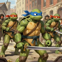 teenage mutants ninja turtles in the style of the boston massacre, paul revere