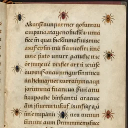 a photo of a medieval manuscript page featuring tiny spider - man drawings in the margins. marginalia. high quality museum photo