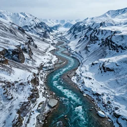 top view of colorful river flowing from ice mountains range, octane render, wide angle, dslr hd detailed, aesthetic style