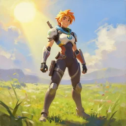 oil painting of tracer from the game overwatch, standing in grassy field, smiling while the sun shines down, light rays,