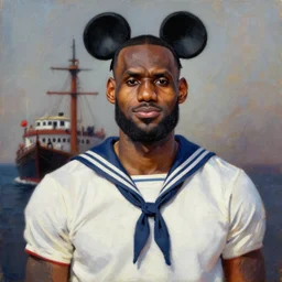 portrait of lebron james, lebron james in a sailors outfit with mickey mouse ears, oil on canvas painting by william sidyney mount, steamboat willie, disney, trending on artstation