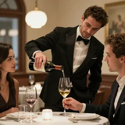a sharp-dressed sommelier pouring a glass of expensive wine for a discerning guest at a fancy restaurant, picture in the style of Edward Hopper