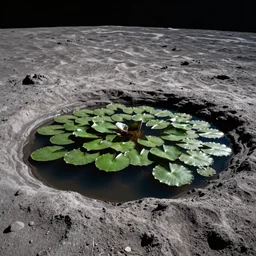 A pond and lily pads on the lunar surface