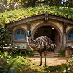 an emu in the middle of a crowded hobbit tavern