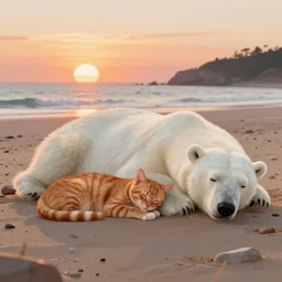 a skinny orange cat and a fluffy white polar bear sleeping on the beach at sunset. featured on artstation. digital art. landscape painting.