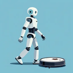a futuristic robot walking outdoors. there is a roomba in front of the robot. side view, solid color background. clear and well composed. clean cel shaded vector art by lois van baarle, artgerm, helen huang, by makoto shinkai and ilya kuvshinov, rossdraws, illustration, art by ilya kuvshinov