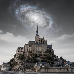 a beautiful astronomy picture of the day, nebula, a rural seaside village on a hill, mont - saint - michel, landscape at night, soft white light, muted, neutral light, light blue tones, chimney smoke, long exposure clouds, unreal engine