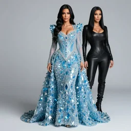 fairy long blue crystalized dress, victorian dress, misa amane, kim kardashian, battle angel alita. by rembrandt 1 6 6 7, illustration, by konstantin razumov, frostine engine, vibrant colors, fractal flame, crystalized