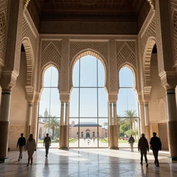 the inside of a monument with alhambra motifs, by tim blandin and arthur haas and bruce pennington and john schoenherr, big windows architecture by zaha hadid, octane render, cinematic, scenery, cgsociety, modernism, futuristic, trending on artstation, sci - fi, high detail, high quality, close up angle, people walking