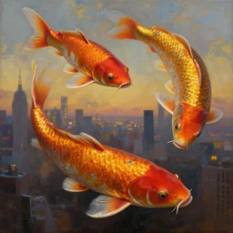 beautiful oil matte portrait painting, giant flying koi fishes over manhattan at dusk, wonderful masterpiece highly detailed, beautiful cinematic light deep focus, elegant, digital painting, smooth, sharp focus, golden ratio, dramatic illumination, ultra realistic, 8 k, art by artemisia lomi gentileschi and caravaggio