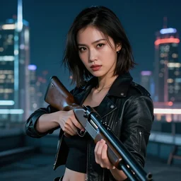 photographic portrait of a techwear woman holding a shotgun, holding shotgun down, closeup, on the rooftop of a futuristic city at night, sigma 85mm f/1.4, 4k, depth of field, high resolution, full color, award winning photography, inspired by Kill Bill, inspired by John Wick, inspired by Die Hard, movies with guns, movie firearms
