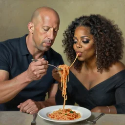 portrait of vin diesel and oprah winfrey sharing spaghetti, an oil painting by ross tran and thomas kincade