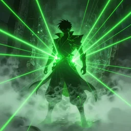 a silhouette of a legendary man made out of green lasers, fog, laser beams, artstation, fantasy, magic, mysterious, bright colors, mythical octane render, 8 k, sakuga anime, ultra - hd, ultradetailed strobe, volumetric light by hirohiko araki