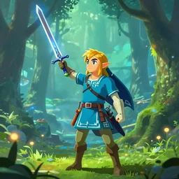 link from zelda holding the master sword aloft in and enchanted forest