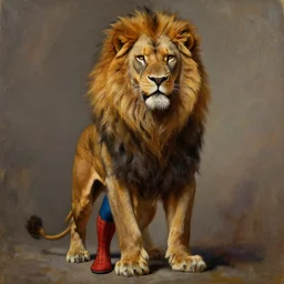 muscular lion in spiderman costume full body with human legs ,very textured detailed oil painting by rembrandt