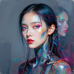 female cyberpunk portrait by cy Twombly and BASTIEN LECOUFFE DEHARME and zhang jingna, iridescent,
