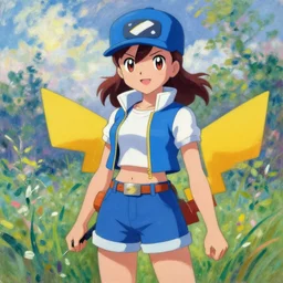 a portrait of a female pokemon trainer, blue outfit, very anime in impressionist style, trending artwork, anime painter studio, by claude monet
