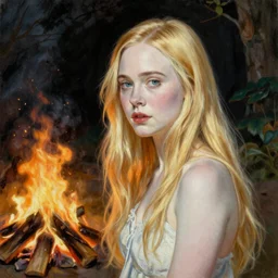 Painting of Elle Fanning at the bonfire of firelink shrine, long blonde hair, delicate, pale milky white porcelain skin, by Norman Rockwell and Edward Hopper. Extremely detailed.