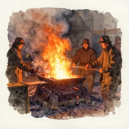 small centered on watercolor paper, paint brush strokes, abstract watercolor painting of iron forge, glowing hot metal, molten orange steel, midday sharp light, dust, cinematic light, american romanticism by hans dahl, by jesper ejsing, by anders zorn, by greg rutkowski, by greg manchess, by tyler edlin
