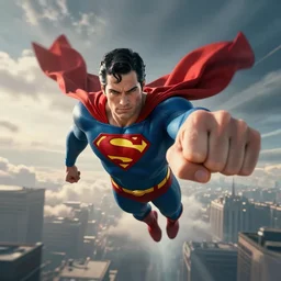 superman flying though the air, fist in front of him