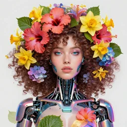 a colorful and vibrant and provenance fine art portrait photo of a robot female cyborg, spread out curly hair covered by hibiscus, daffodils, hydrangea, montsera leaves by charlie bowater, holographic undertones, very detailed, bionic, cybernetic scifi, artstation, 8 k