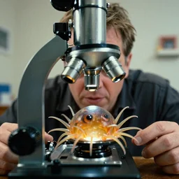 an amoeba with the face of Joe Rogan seen through the microscope