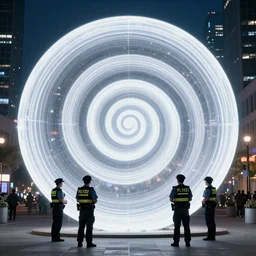 policemen protect a huge spiral - shaped luminous object right in the center of the city from protesting crawd, night, rain and light fog, professional lighting, concept art in 3 d, high detail, professional lighting